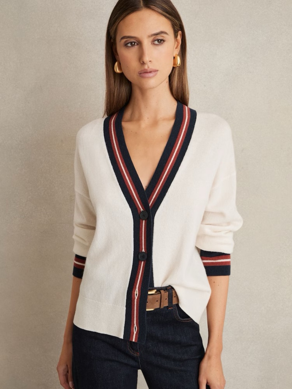 Reiss Mila Wool Cashmere Stripe Trim Cardigan White M